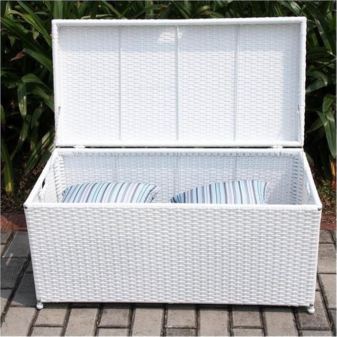 BOWERY HILL Wicker/Rattan Patio Storage Deck Box, 40" W x 20" D x 20" H, Steel Frame, White Finish, Resin Panels, Hinged Top Lid with Chain Stopper, Handles for Portability, Indoor/Outdoor Use