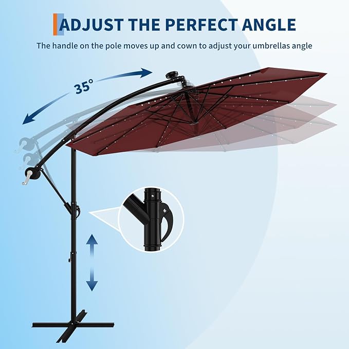 10FT Solar Cantilever Umbrella with LED Lights, Offset Patio Umbrella with Easy Lift & Tilt Adjustment, UV Protection & Fade Resistant, for Deck, Pool, Garden, Backyard, Tanning