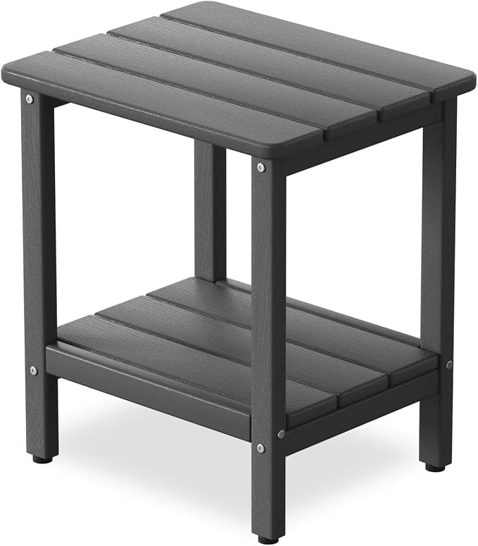 Outdoor Side Table, 2-Tier Small Square Patio Side Table with Adjustable Feet, All-Weather HDPE Adirondack End Tables for Porch Deck Balcony Pool, Easy Maintenance, Grey