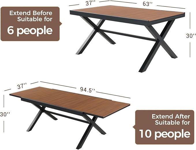 Grand patio Expandable Patio Dining Table, Extra Large 94.5" L x 37" W Outdoor Dining Table for 6-10 Person Wood Grain Rectangular Patio Table with E-Coating for Garden Porch Deck, Black