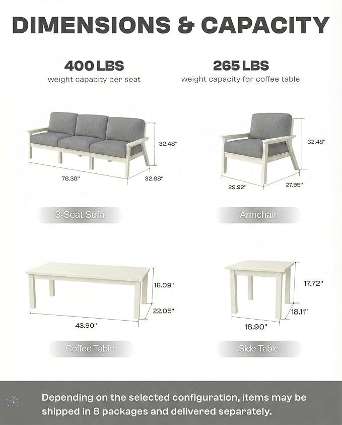 HDPE Patio Furniture Set 10 Seats, Outdoor Couch with Washable Thick Gray Cushions & Coffe Table & Side Table, Outdoor Sectional Furniture for Backyard, Deck, Lawn, Porch (White Frame)
