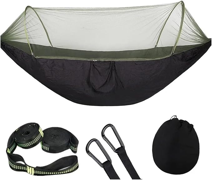 Hammock Camping Hammock with Mosquito Net Pop-Up Light Portable Outdoor Parachute Hammocks Swing Sleeping Hammock Camping Stuff Quick-Opening(Blcak-6 Rings)