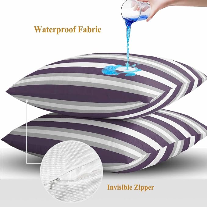 Throw Pillow Covers 16x16 Inch Set of 2, Purple Grey Stripe Waterproof Outdoor Pillow Covers, Minimalist Farmhouse Striped Decorative Cushion Pillowcases for Couch, Sofa, Bed, Garden, Patio