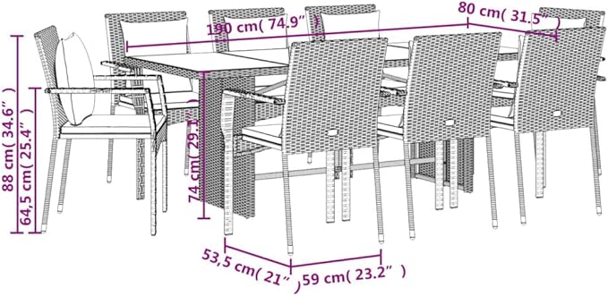 Backyard Furniture Patio Conversation Sets Outdoor Seating 9 Piece Patio Dining Set with Cushions Black Poly Rattan Suitable for Gardens, Balconies, Decks