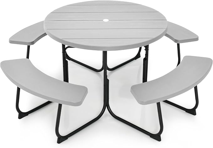 Tangkula 8 Person Picnic Table, Outdoor Round Picnic Table with 4 Built-in Benches, Umbrella Hole, Metal Frame & HDPE Tabletop, Outside Table and Bench Set for Backyard, 2300lbs Weight Capacity