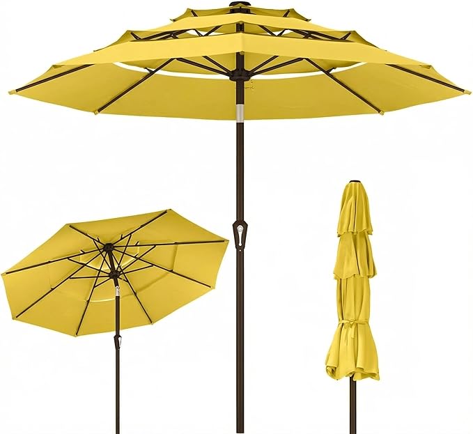 Kingdura 9ft 3-Tier Patio Umbrella, Outdoor Table Umbrella with Easy Crank & Tilt, 8 Reinforced Ribs, UV Protection for Deck, Pool, Market, Backyard (Yellow)