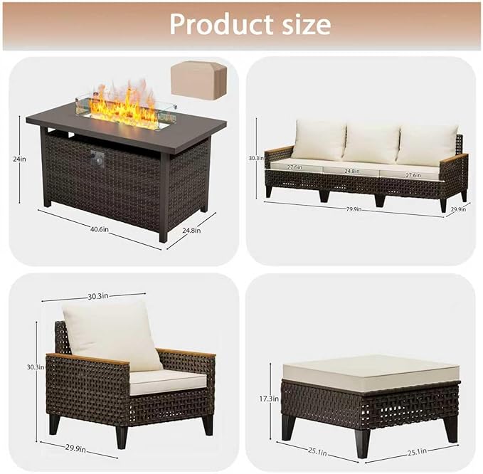 15 Piece Patio Sectional Sofa Set with 50000 BTU Fire Pit Table, All-Weather Wicker Rattan Outdoor Conversation Set, High Back, for Garden, Porch, Poolside, Beige
