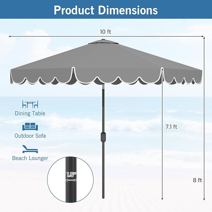 RELAX4LIFE 10 FT Scalloped Patio Umbrella, Market Table Umbrella with Push Button Tilt, Crank, 8 Sturdy Metal Ribs, Vented Top, Sun-Protective Ruffled Canopy, Heavy-duty Outdoor Parasol for Garden Poolside Deck