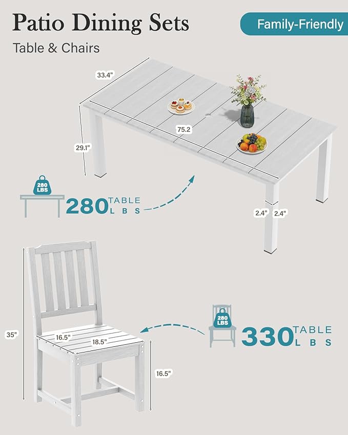 LOUNZY 9 Pieces Patio Dining Sets, Outdoor HDPE Furniture Set for 8 w/ 2" Hole Cut-Out Dining Table 75.2in with 8 Patio Chairs(2 W/Armrest, 6 w/o Armrest), White