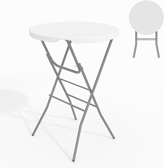 Garvee 32" Folding Cocktail Table, HDPE Round High Top Table with Metal Frame & Locking Legs, Folding Bar Table for Patio Backyard Indoor & Outdoor Events, White