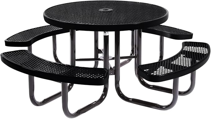 COATEDOUTDOORFURNITURE Heavy-Duty Portable Outdoor Picnic Table with Umbrella Hole, Expanded Metal Commercial-Grade Patio Dining Furniture Made in America (46" Round Top, Black)