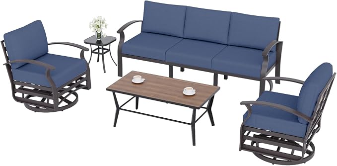 ALAULM Aluminum Patio Furniture Set with Coffee Table Rectangular, 5-seat Outdoor Sectional Furniture w/2 Swivel Chairs, Patio Conversation Set for Porch, Backyard, Poolside-Dark Blue
