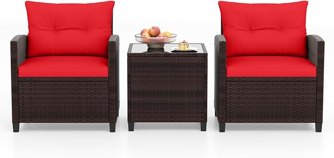3-Pieces Patio Furniture Set, PE Wicker Chairs Sofa Set with Removable Cushions & Glass Top Side Table, Outdoor Wicker Rattan Conversation Chair for Porch,Backyard, Balcony (Red)