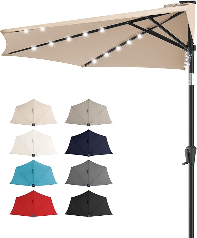 FLAME&SHADE 9 FT Solar Half Patio Umbrella with 25 LED Lights, Half Outdoor Umbrella with Button Tilt, Half Round Table Umbrella For Deck, Backyard, Balconies, Decks, Rvs, UV Protection (Beige)