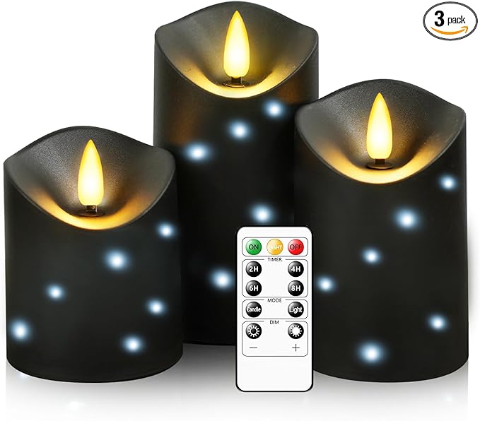 kakoya Outdoor Waterproof Flickering Flameless Candles with Embedded Star String,3Pcs LED Pillar Candles Battery Operated with Remote and Timers for Courtyard,Porch,Camping,Holiday Decoration(Black)