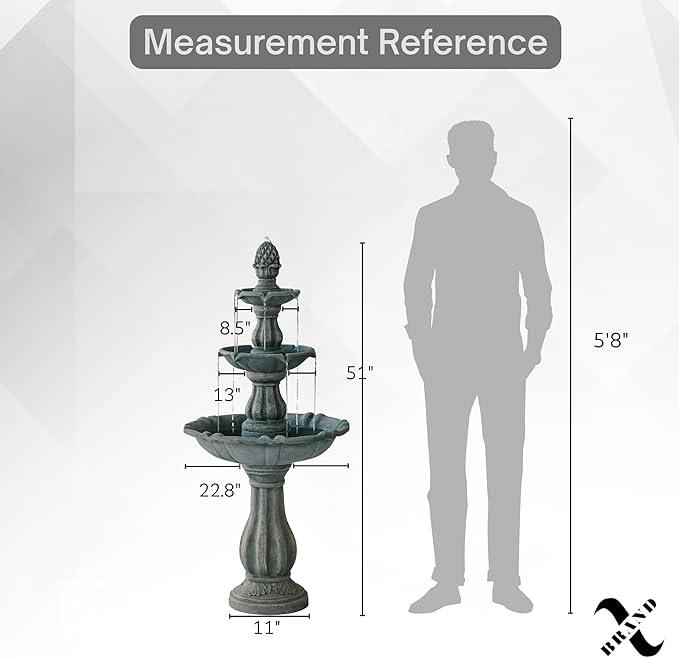 XBrand 51" 3-Tier Outdoor Waterfall Fountain, Weather-Resistant Resin Freestanding Water Feature with Pump, Gray