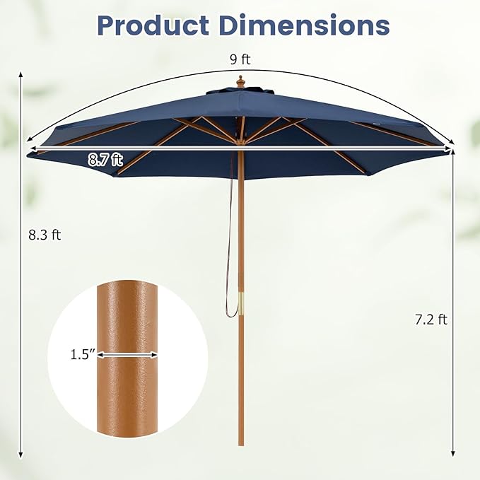 HAPPYGRILL 9 FT Patio Umbrella, Outdoor Table Market Umbrella with 8 Sturdy Bamboo Ribs, Wood Pole, Sun-Protective Double-Tier Canopy, Air Vent, Sunshade Parasol for Garden Deck Backyard Pool (Navy)
