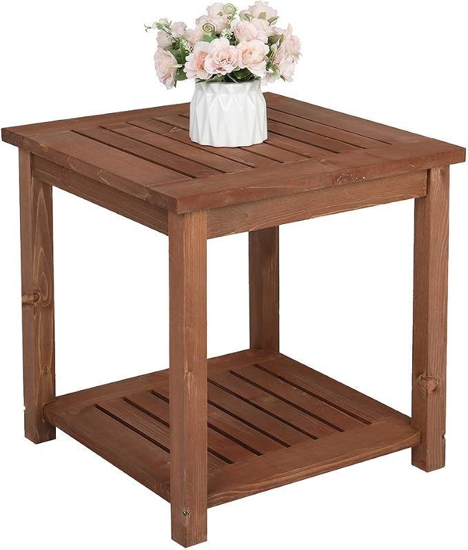 Outvita Patio Small Side Table, Acacia Wood 18 inch Double-Deck Coffee Table with Storage Tier for Living Room, Garden, Balcony, Porch, Deck (Carbonized Color)
