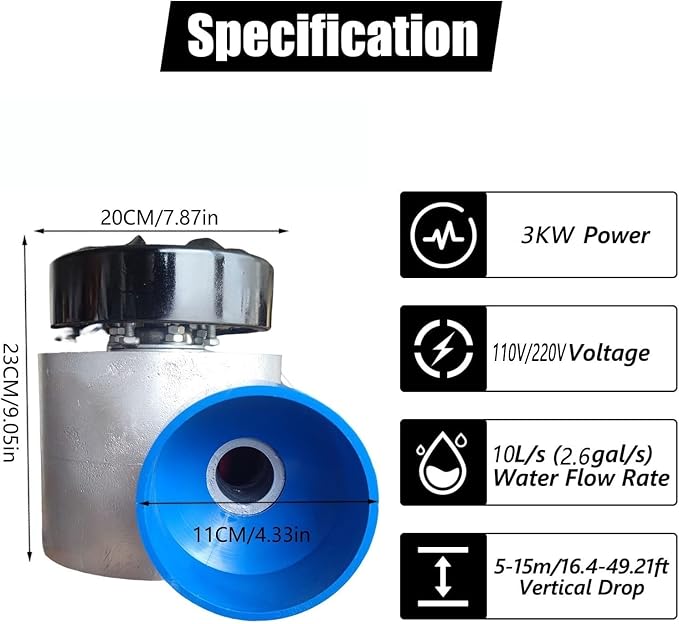 3000W Micro Hydroelectric Generator, 110–220V Water Turbine With 110mm Inlet, Compact Power Supply For Off-Grid Homes, Emergency Backup, Outdoor Lighting