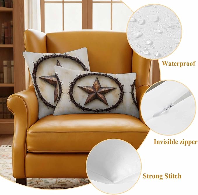 Texas Star Rustic Waterproof Outdoor Pillow Covers Set of 2 Home Decor, Vintage Country Stars Modern Abstract Pillowcase Patio Pillow Covers for Couch Bench Furniture Garden 24x24in