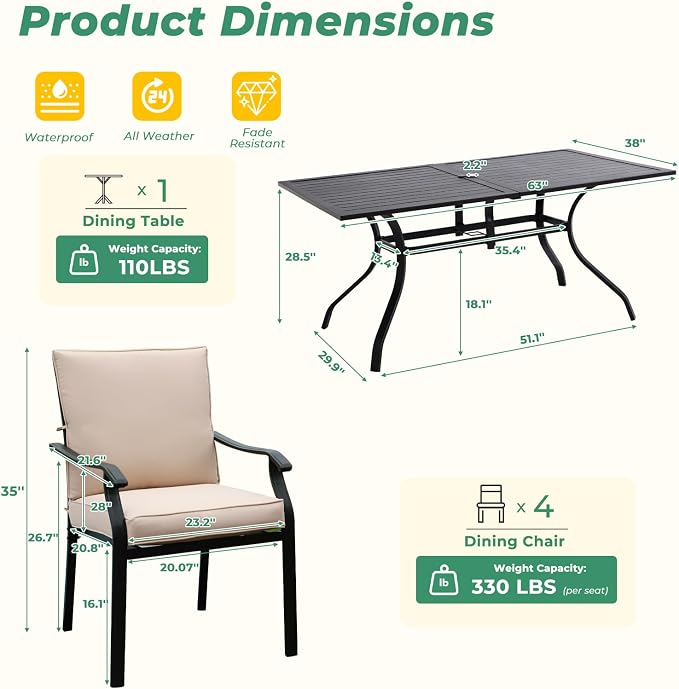 LVUYOYO 7-Piece Outdoor Patio Dining Set, Metal Stackable Chair & Rectangular Table Set, All-Weather Furniture for Backyard, Garden,Balcony,Porch (1 Rectangular+ 6 Dining Chairs)