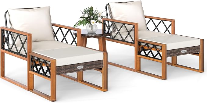 Tangkula 5 Pieces Patio Furniture Conversation Set, Outdoor Rattan Acacia Wood Cushioned Chairs with Ottomans, 2-Tier Side Table, for Porch, Balcony and Garden