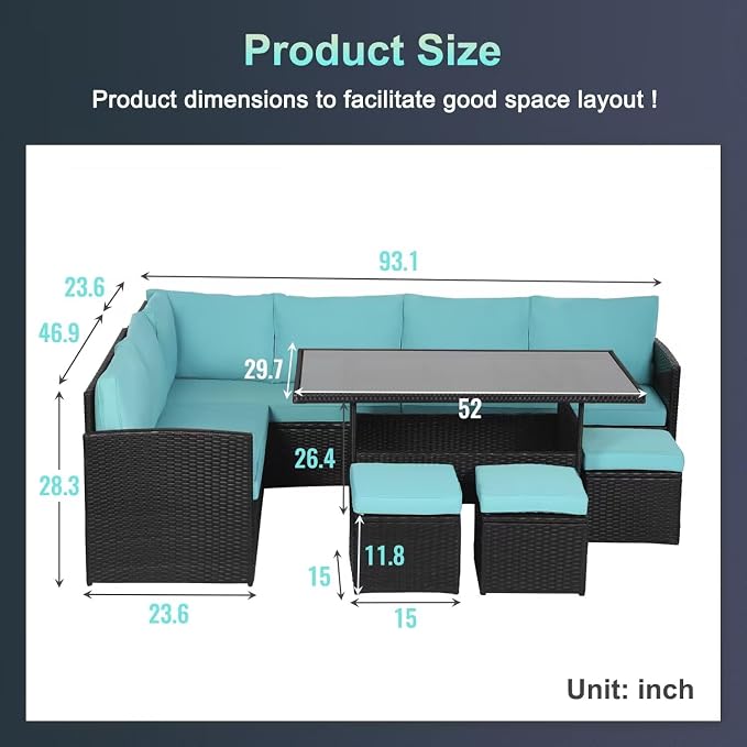 Patio Dining Sets 7 Pieces Outdoor Table and Chairs Patio Dining Table Set Patio Furniture Set Outdoor Sectional Sofa with 9 Seats and Table for Outdoor Backyard Porch Poolside Balcony Garden, Blue