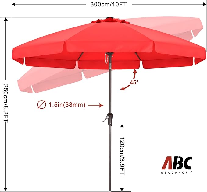 ABCCANOPY 10ft Scalloped Patio Umbrella, Outdoor Table Umbrella with Tilt and Crank, Fiberglass Ribs Deck Umbrella for Patio, Pool, Garden, Picnic (Red)