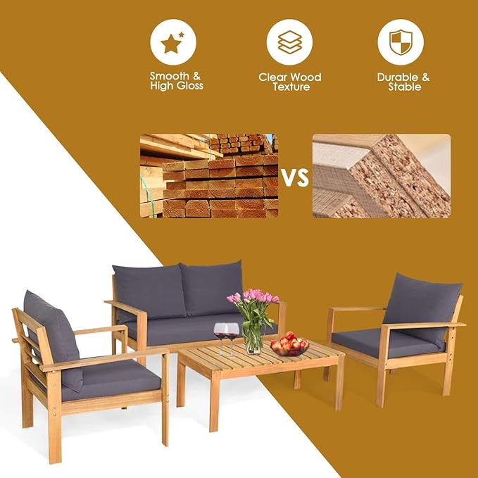 HAPPYGRILL 4 Pieces Wood Patio Conversation Set, Outdoor Furniture Sofa Table Set, Cushions, Acacia Wood Chairs & Coffee Table Set for Garden Backyard Poolside