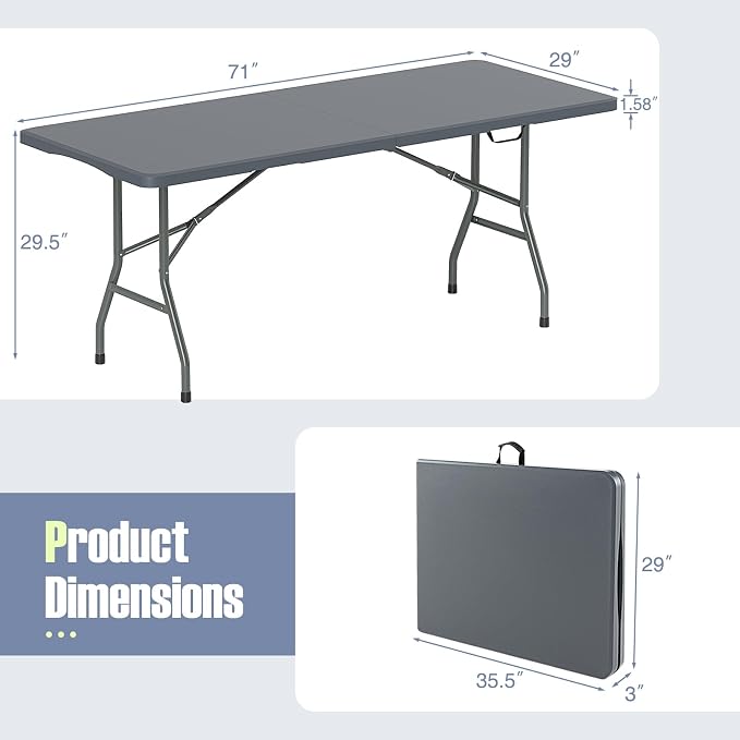 Goplus 6ft Plastic Folding Table, 350 LBS Outdoor Heavy Duty Folding Tables with HDPE Tabletop, Handle, Lock, Foldable Rectangle Portable Utility Card Table for Picnic, Party, Camping, Dining