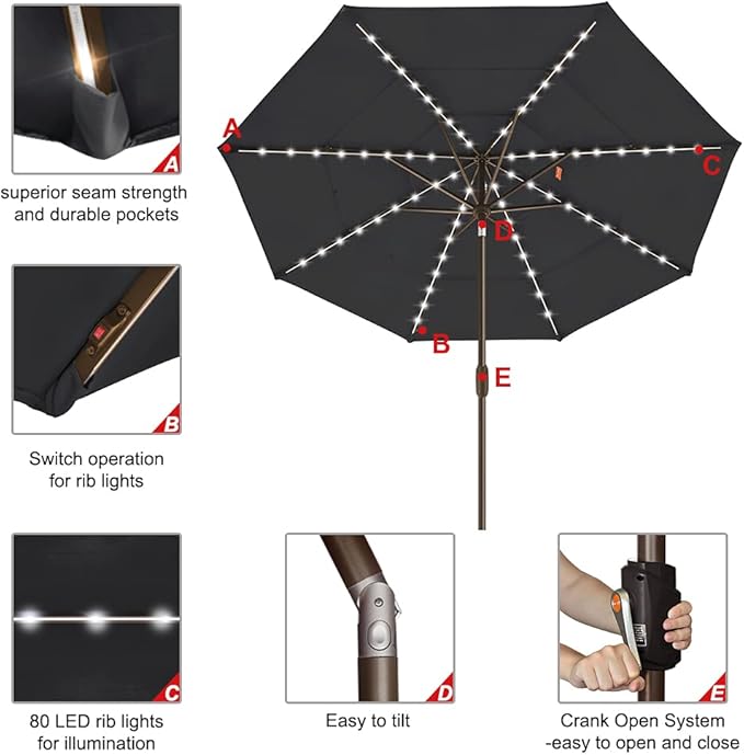 EliteShade USA 10-Year-Non-Fading 9ft 3-Tier Market Patio Umbrella, Commercial Table Umbrella with 80 Solar LED Lights, Crank Open, Windproof & UPF 50+ UV Protection for Garden, Deck, Pool, Backyard, Black