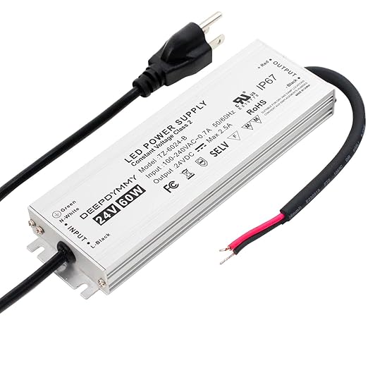 24V DC Power Supply 60W - Ultra Slim LED Driver Low Voltage Transformer with 3-Prong Plug & 3.3ft Cable, IP67 Waterproof for LED Strip Lights, Outdoor Lighting