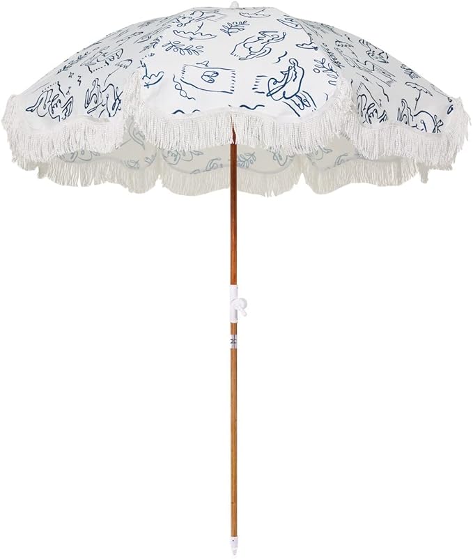 Business & Pleasure Co. Holiday Umbrella - Boho Beach Umbrella with White Fringe, UPF 50+, 1" Tilting Wood Pole, 5’ x 6.5’, Le Basque Navy
