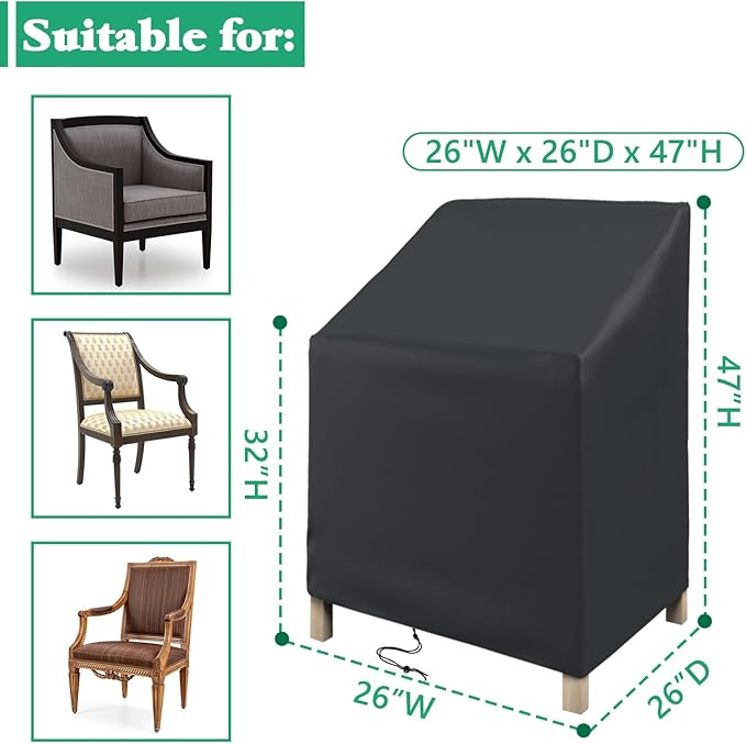 STARTWO Stackable Patio Chair Covers,Waterproof Outdoor Lawn Furniture Cover for for 4-6 Stackable Dining Chairs, 25"Lx25"Wx47"H,Black