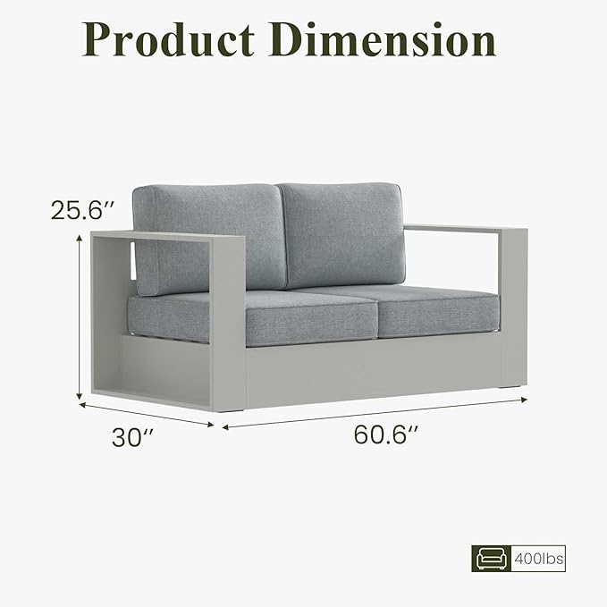 LayinSun Oversized Aluminum Outdoor Furniture, 1 Piece Patio Lovseat Sofa, Deep Seating and Upgraded 6-inch Cushions for Porch, Balcony, Deck