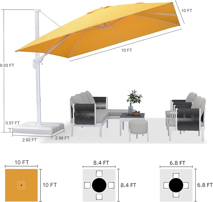 PURPLE LEAF 10 FT Patio Umbrella With Base White Cantilever Umbrella Square Outdoor Offset Umbrella Windproof with 360° Rotation for Garden Deck Pool, Yellow
