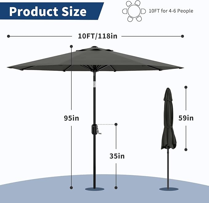 10Ft Patio Umbrella - 8 Sturdy Ribs Outdoor Table Umbrella with Crank Lift & Push Button Tilt - Market Umbrella for Pool, Deck, Yard, Garden - Turquoise