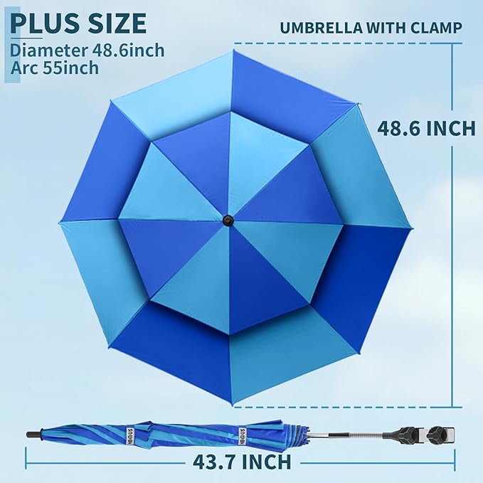 48.6" Double Canopy Beach Umbrella with Clamp, UPF50+ Beach Chair Umbrella with clip, 360°Adjustable Portable Outdoor Wheelchair, Patio, Golf Carts,Camping(Blue/Light Blue)