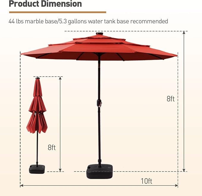 COSIEST 10FT 3 Tiers Patio Umbrella with Solar Lights, LED Outdoor Umbrellas with 8 Sturdy Ribs, Market Patio Table Umbrella with Push Button Tilt, Pool Umbrellas for Garden, Pool, Backyard