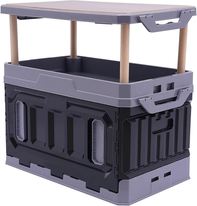 Storage Box, 3 Layers Raised 95 L Folding Table, Portable Foldable Stackable Food Container Box, Picnic Camping Outdoor BBQ Organizer Bins, Black&Grey