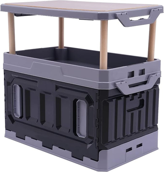 Storage Box, 3 Layers Raised 95 L Folding Table, Portable Foldable Stackable Food Container Box, Picnic Camping Outdoor BBQ Organizer Bins, Black&Grey