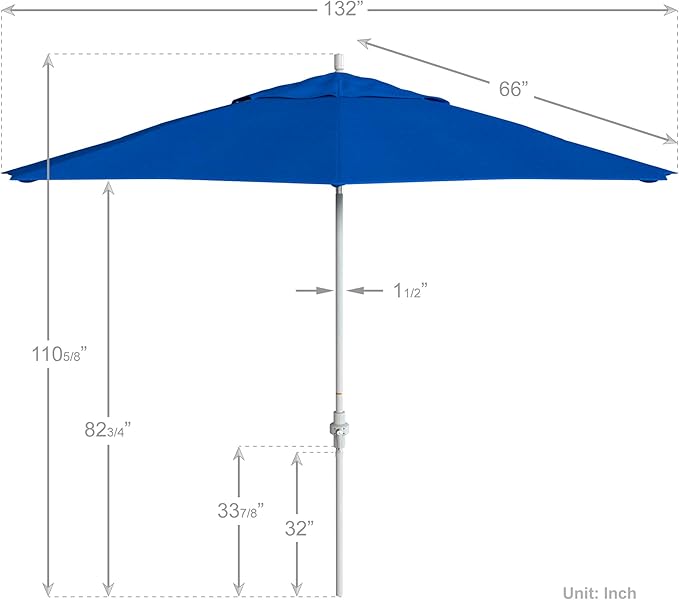 California Umbrella 11Ft Fiberglass Rib Patio Umbrella, Hand-Crank, Tilt-Collar, White Frame, Solution Dyed Royal Blue Fabric