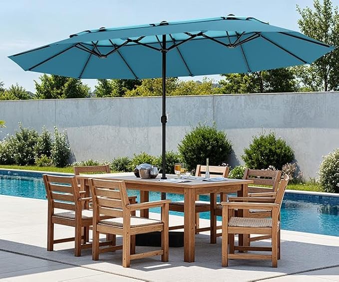 PHI VILLA 15ft Large Patio Umbrellas with Base Included, 2-Tier Outdoor Double-Sided Rectangle Market Umbrella with Stand, Outside Umbrellas for Poolside Lawn Backyard, Blue & Cerulean