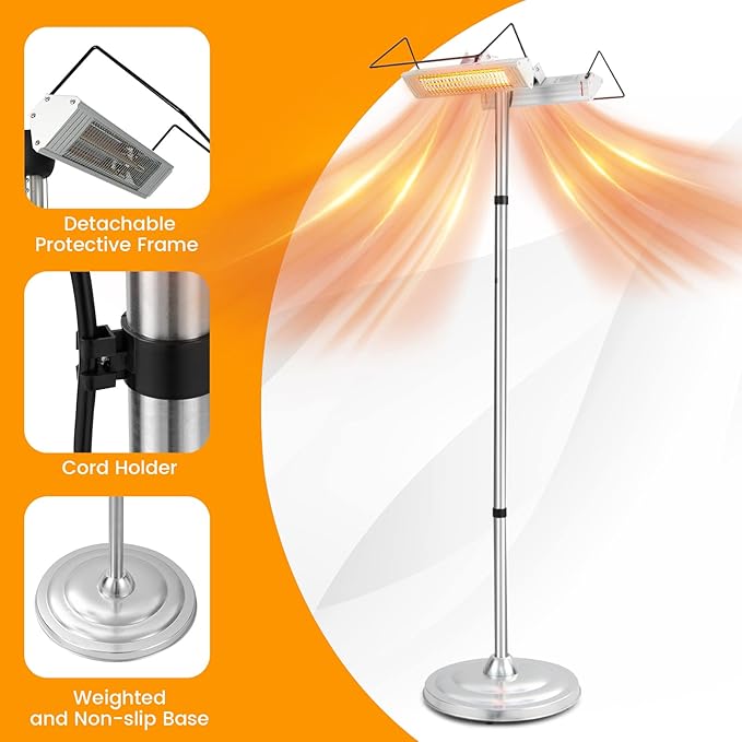 COSTWAY Outdoor Electric Patio Heater, 1500W Standing Infrared Heater with Double-sided Heating, Tip-Over & Overheat Protection, IP65 Waterproof Space Heater for Indoor Outdoor Patio