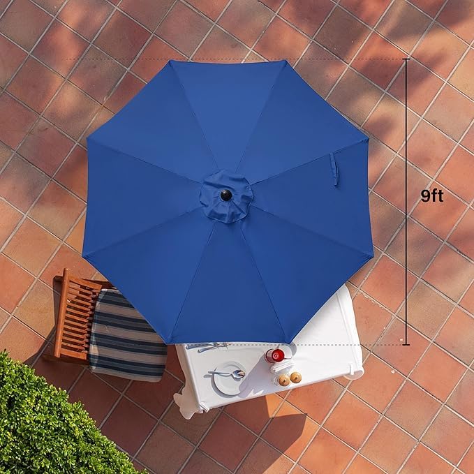HealSmart 9FT Outdoor Patio Umbrella UV-Protection Table Umbrella with Push Button 8 Ribs Tilt/Crank Waterproof Market Umbrella for Garden, Backyard, Pool, Deck, Blue