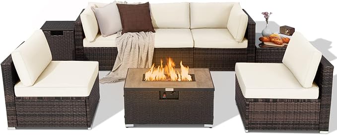 Tangkula 8 Piece Outdoor Wicker Sofa Set, Patio Rattan Conversation Set w/32” Propane Fire Pit Table & Tank Holder, 40,000 BTU Heat Output, Cozy Seat & Back Cushions, Fire Pit PVC Cover (Off White)