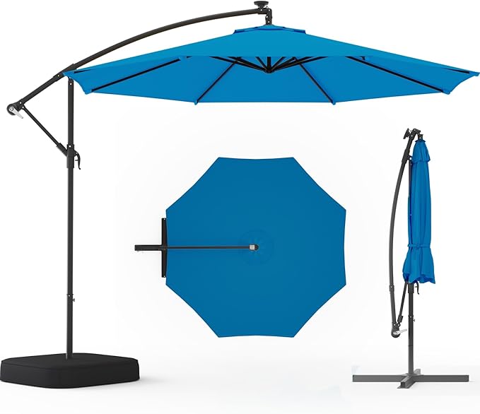 EROMMY 10FT Patio Umbrella with Base Included, Outdoor Offset Cantilever Umbrella, Infinite Tilt, Crank and Cross Base, UV Protection for Backyard, Lawn, Garden & Pool