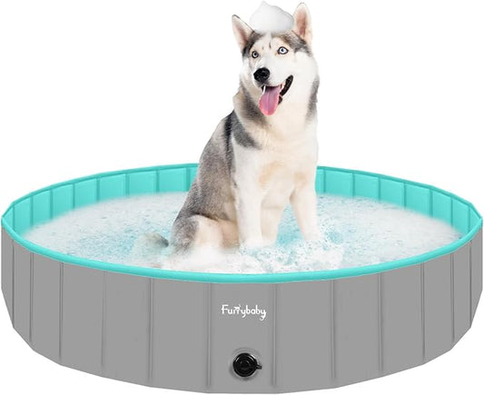 Foldable Dog Pool for Large Dogs, Hard Plastic Kiddie Pool for Dogs, 64" Collapsible Dog Pool with Rigid PP Core, Non-Slip PVC, Durable Pet Bath Tub for Indoor/Outdoor Backyard, Grey
