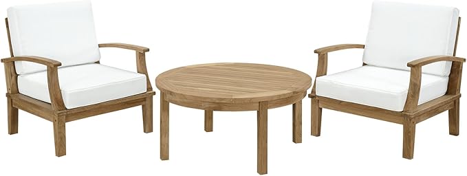 Modway 3-Piece Marina Outdoor Patio Teak Sofa Set, Natural White