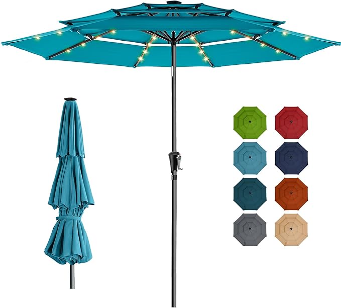 HOMSHADE 9FT 3-Tier Solar Patio Umbrella,Vented Market Table Umbrella Windproof w/32 LED Lights, UPF50+, 5-Year Fade Resistant, 8 Thicker Ribs for Pool, Lawn, Garden, Deck (Light Blue)